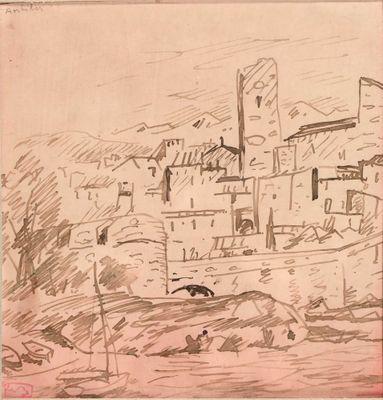 dessin représentant un village avec un bateau au premier plan et un oiseau au premier plan