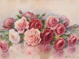 painting of a bunch of pink roses in a vase on a table