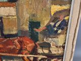 a painting of a horse pulling a carriage with a man on it