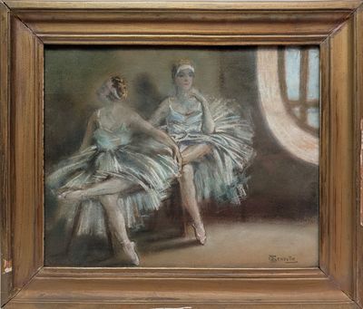 tableau représentant deux ballerines assises dans une pièce avec une fenêtre