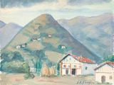 une peinture à l'huile représentant une scène de vie à la ferme avec une montagne en arrière-plan