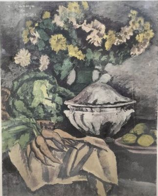 une image représentant un tableau sur lequel figurent un vase de fleurs et des fruits