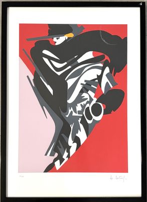 tableau représentant un homme sur un skateboard, sur un fond rouge et noir