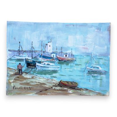 painting of boats in a harbor with a lighthouse in the background