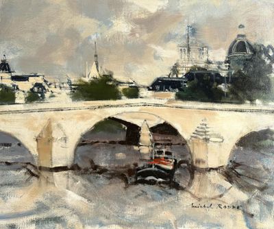 painting of a painting of a boat on a river near a bridge