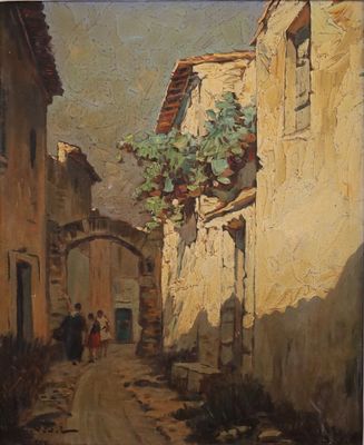 une peinture à l'huile représentant une scène de rue avec des personnes marchant dans la rue