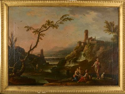 painting of a landscape with figures and a castle in the background