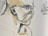 drawing of a man with a mohawk and glasses sitting in a chair