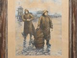 une vieille photo montrant deux hommes marchant dans l'eau avec un seau