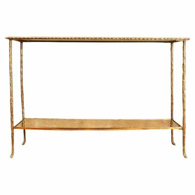 une console en métal et en bois avec une étagère en dessous