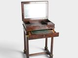 un petit bureau en bois surmonté d'un miroir