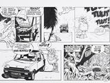 comic strip of a car with a man in the back of it and a woman in the front of it