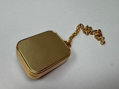 golden metal case with chain on white surface