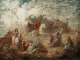 tableau représentant un homme à cheval et une femme à cheval