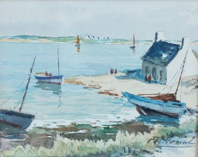 un tableau représentant des bateaux sur l'eau près d'une plage