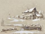 a drawing of a boat in the water next to a house