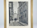 a black and white drawing of two people walking down a street