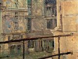 une peinture représentant la vue d'un bâtiment à travers une fenêtre