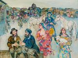a painting of a group of people sitting on a bench
