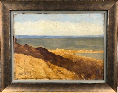 an oil painting of a view of the ocean from a hill