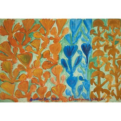 an image of a painting of flowers and leaves on a white background