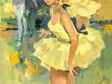 an oil painting of a young girl in a yellow dress and a man in a white suit