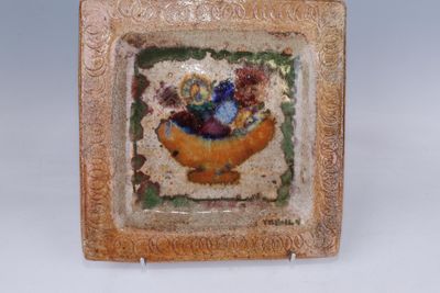Voldemar VOLKOFF (1932-2007) Plat carré en grès à émail poly…