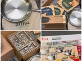 several pictures of a variety of pans and pans in a box