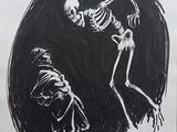 a black and white drawing of a skeleton and a man