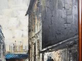 a painting of a man walking down a street with an umbrella