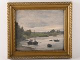 an oil painting of boats on a river in a gold frame