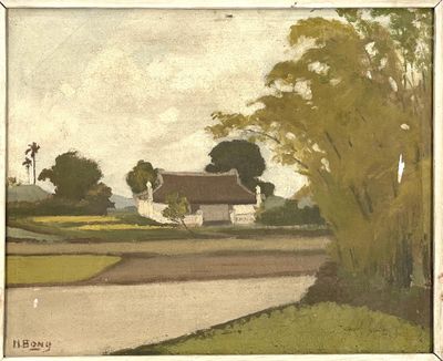 an image of a painting of a country road with a house in the background