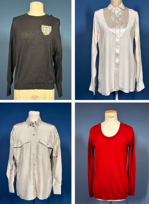 four different styles of shirts on a mannequin display