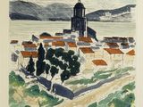 an image of a watercolor painting of a town by the water