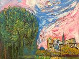a painting of a painting of a river and a church
