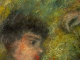 an oil painting of two women in hats and a man in a hat