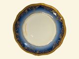 a blue and gold plate on a white background