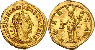 a gold coin with an image of a man holding a sword