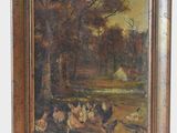 painting of a group of chickens in a wooded setting