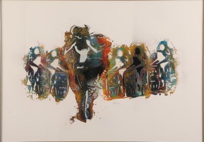 painting of a group of people standing in front of a white background