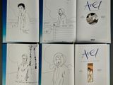 four pages of a book with drawings of a man and a woman