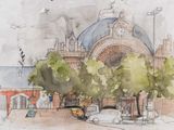 a watercolor painting of a building with a clock on it