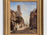 painting of a street scene with a church steeple in the background