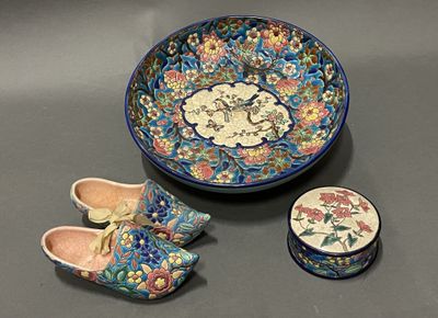 a bowl and a pair of shoes sitting on a table