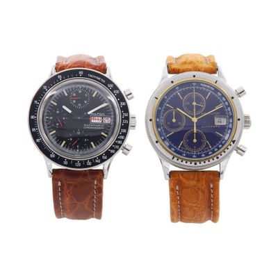 pair of two watches with brown leather straps on a white background