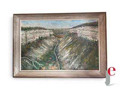 an oil painting of a landscape with a river in the middle of it
