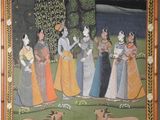 a painting of a group of women and a cow in a field
