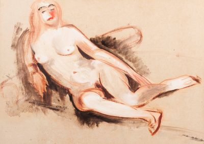 drawing of a nude woman sitting on a chair with her legs crossed