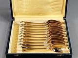 silverware in a case with spoons and spoon rest on a table