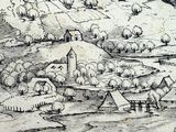 a drawing of a village in the middle of a mountain